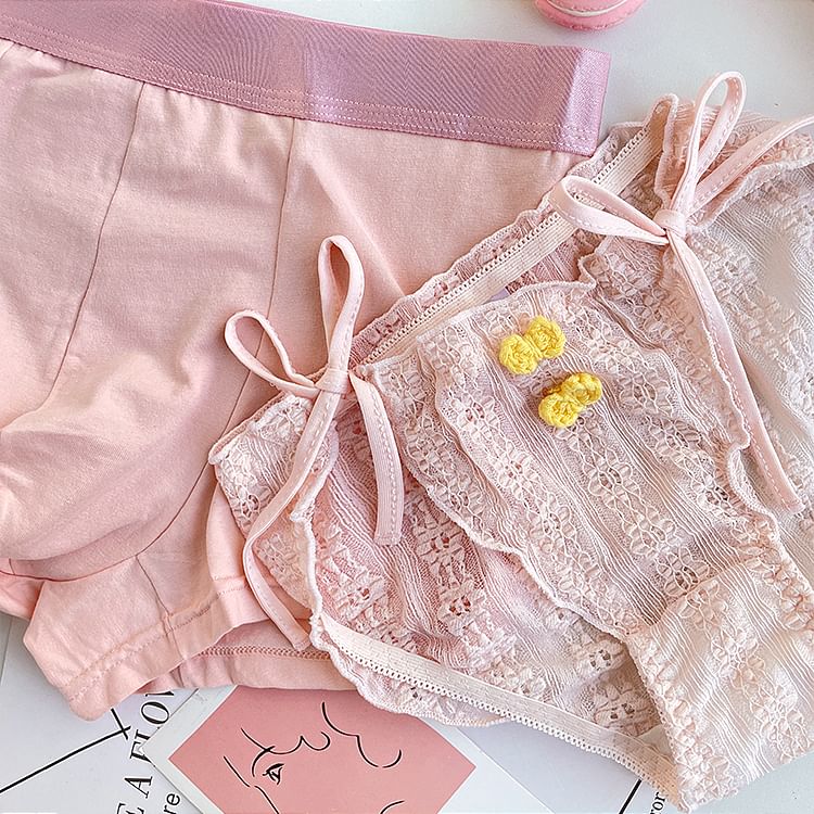 Pancherry - Matching set voor koppels: boxershort met contrasterende rand + slip met kanten strik