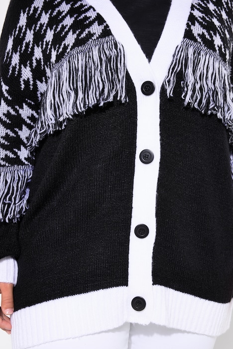 Strickjacke, oversized, Hahnentritt, Fransen, Langarm