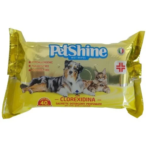 Lenços umedecidos higiênicos para cães e gatos com clorexidina.