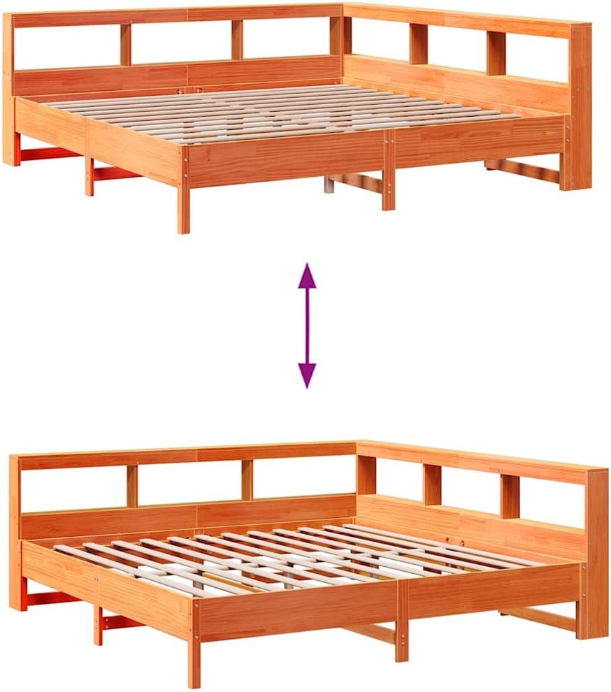 vidaXL Massivholzbett mit Regal ohne Matratze Wachsbraun 180x200 cm, Holzbett mit Regal, Massivholzbett mit Regal, Bett, Holzbett mit Bücherregal