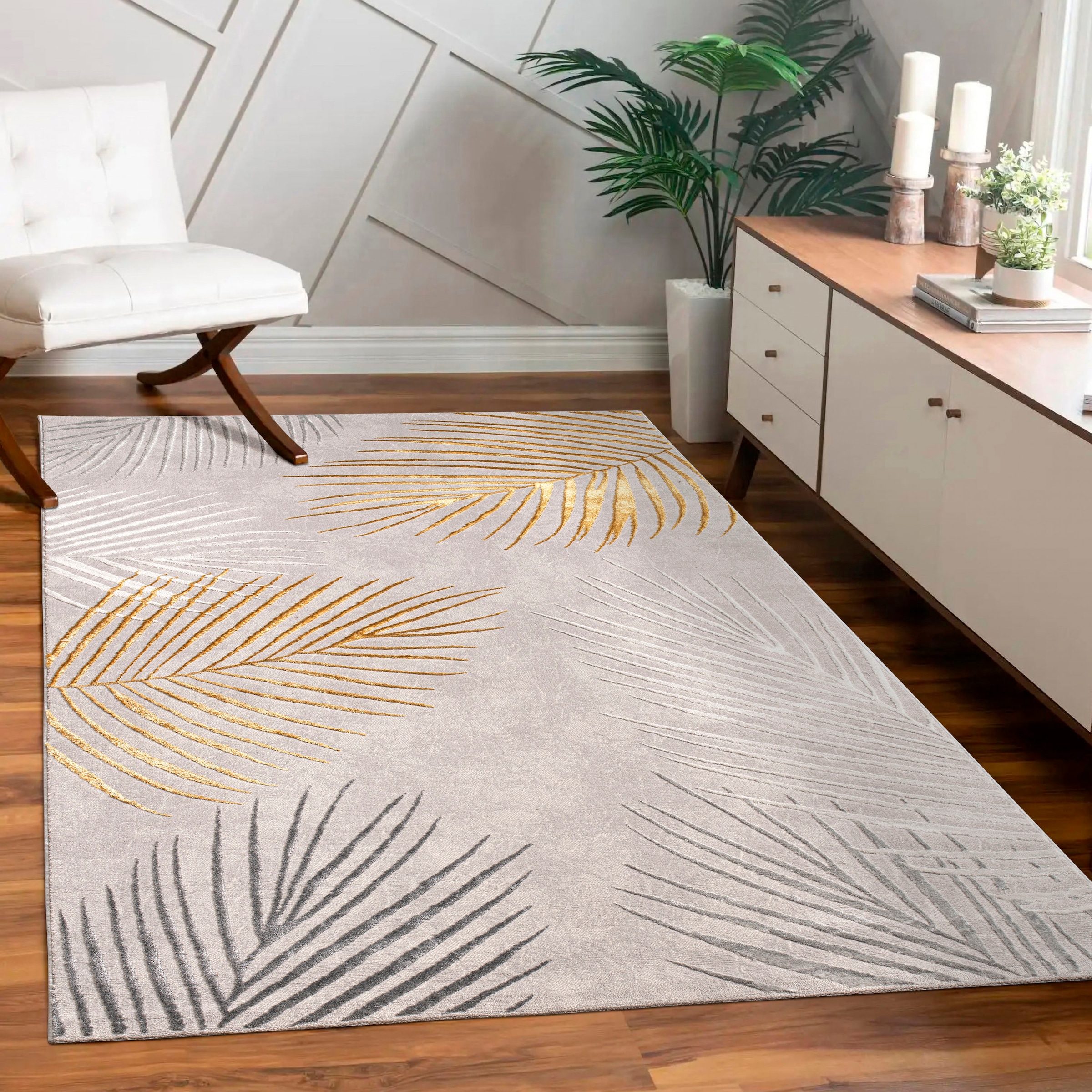 Paco Home Teppich »Tuana 218« rechteckig 15 mm Höhe Kurzflor, modernes Blätter Design, Hoch-Tief-Struktur, Wohnzimmer