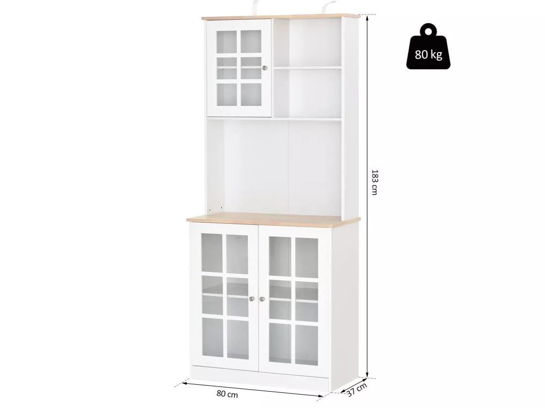 Armoire de cuisine multi-rangements 3 portes vitrine verre avec étagère 2 niches grand plateau MDF blanc chêne