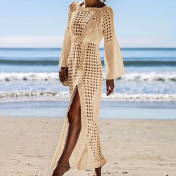 Melmilie - Lange mouwen boothals effen gebreide cover-up met split