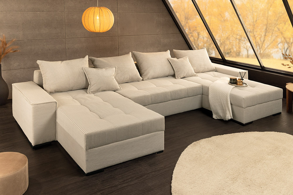 XXL Wohnlandschaft LODGE 315cm champagner beige Cord Sofa mit Schlaffunktion