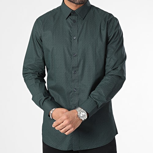 Chemise Manches Longues Slim Soho Blanche Vert Foncé
