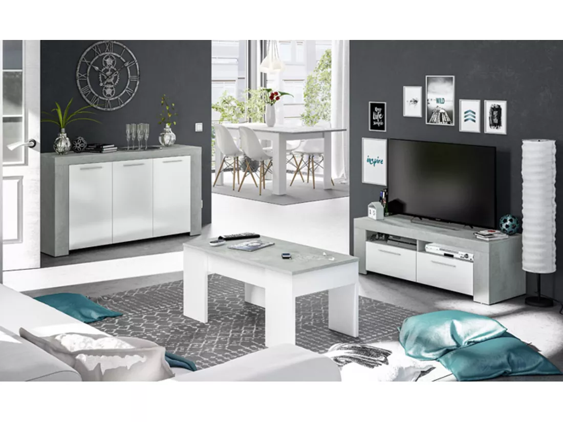 Table basse modulable coloris Blanc Artik / Ciment en mélamine avec plateau - Dim : 45 x 100 x 50 cm