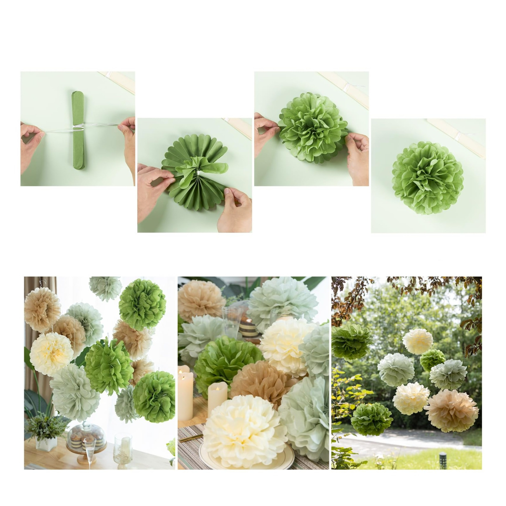(15er Set) Papier Pompon's Deko Party / Geburtstag / Hochzeit - Grün / Beige / Creme