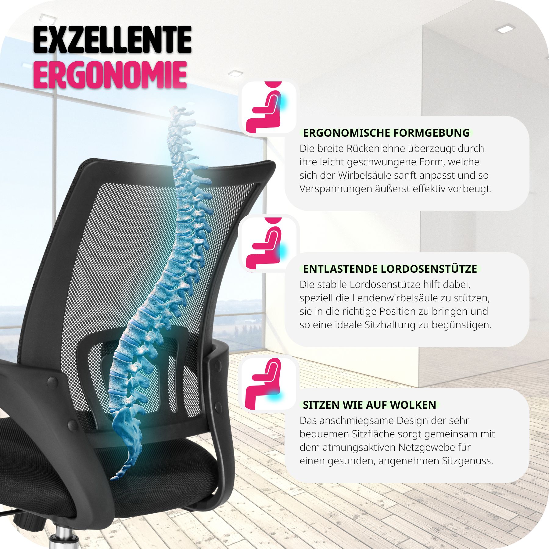 tectake® Bürostuhl, ergonomische Form mit Lordosenstütze, mit Netzstoffbezug, geschwungene Armlehnen, stufenlos höhenverstellbar