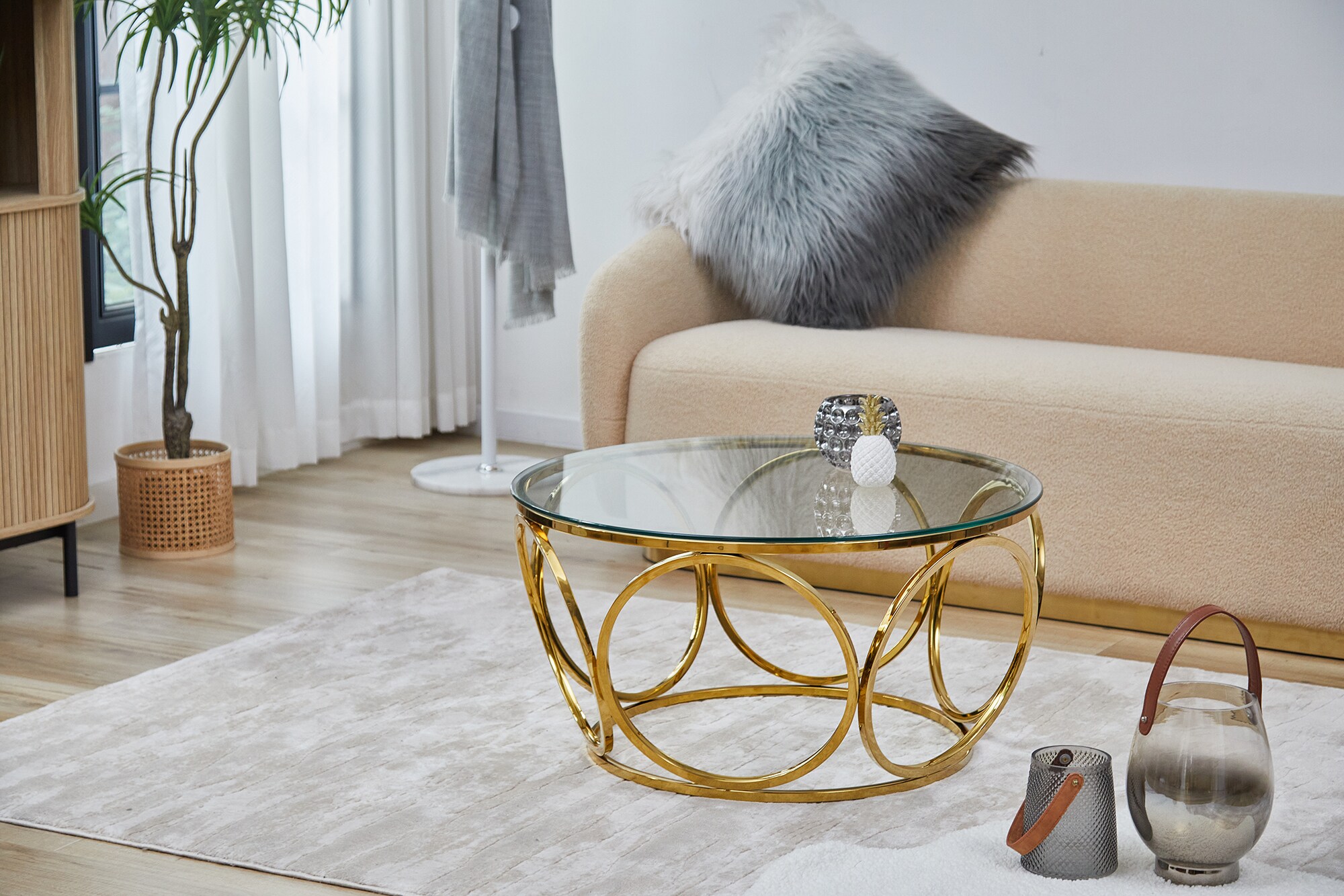 Couchtisch Ø 80 cm gold Glastisch Beistelltisch Sofatisch Wohnzimmertisch