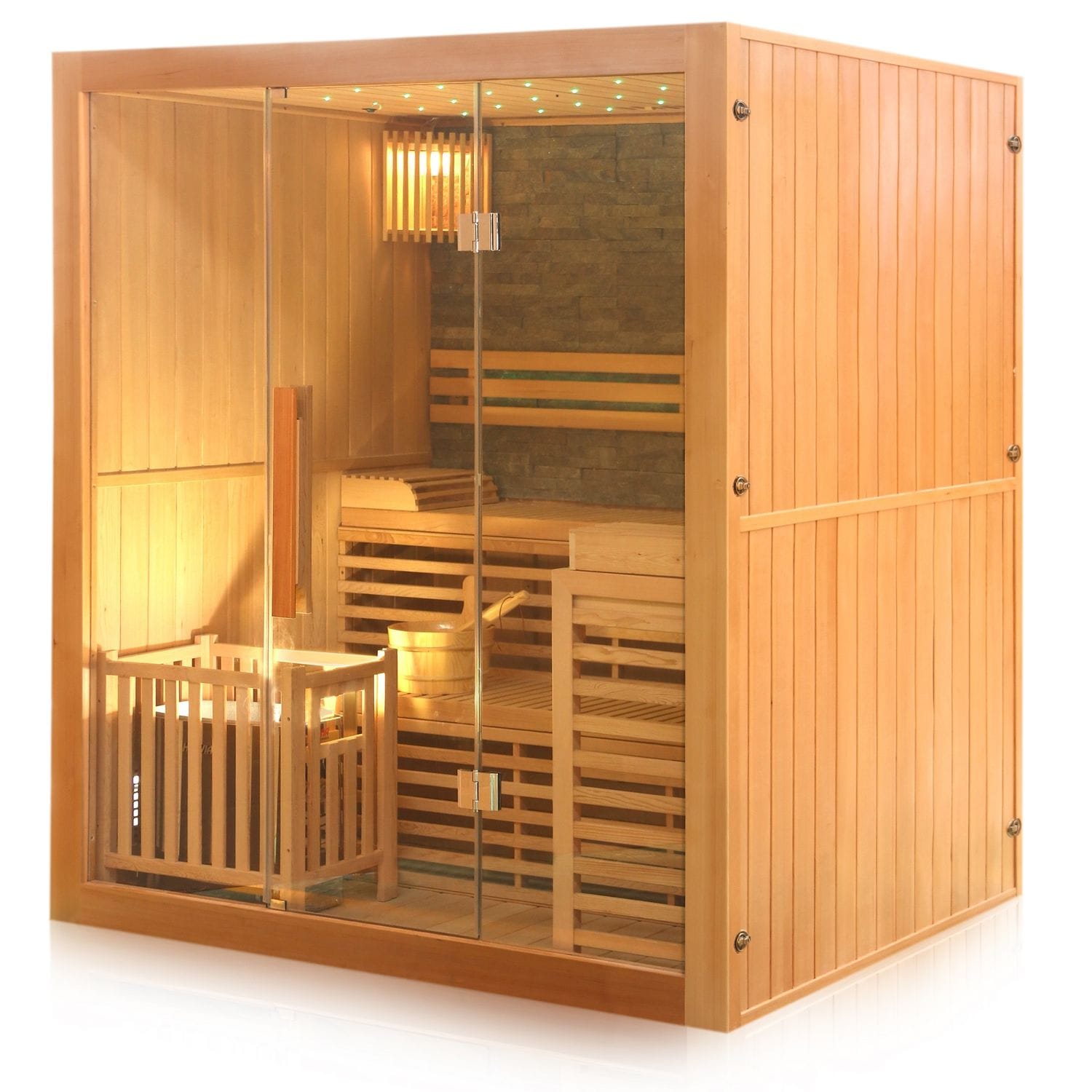 Dewello® Finnische Traditionelle Sauna SARNIA PLUS 180cm x 140cm inkl. 6 KW Harvia Ofen, inkl.Aufguss-Set, Sanduhr, Thermometer