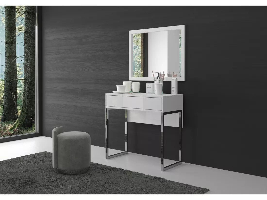 Coiffeuse EVA moderne blanche avec pieds en métal argenté / 80 cm