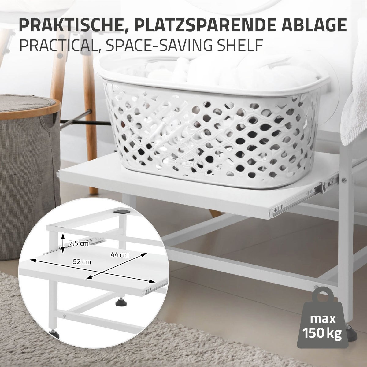 ML-Design wasmachineonderstel met uitschuifplank, wit, 62,5x53,5x45 cm, van staal, tot 150 kg, in hoogte verstelbare poten, wasmachineonderstel, drogeronderstel, onderkastverhoger