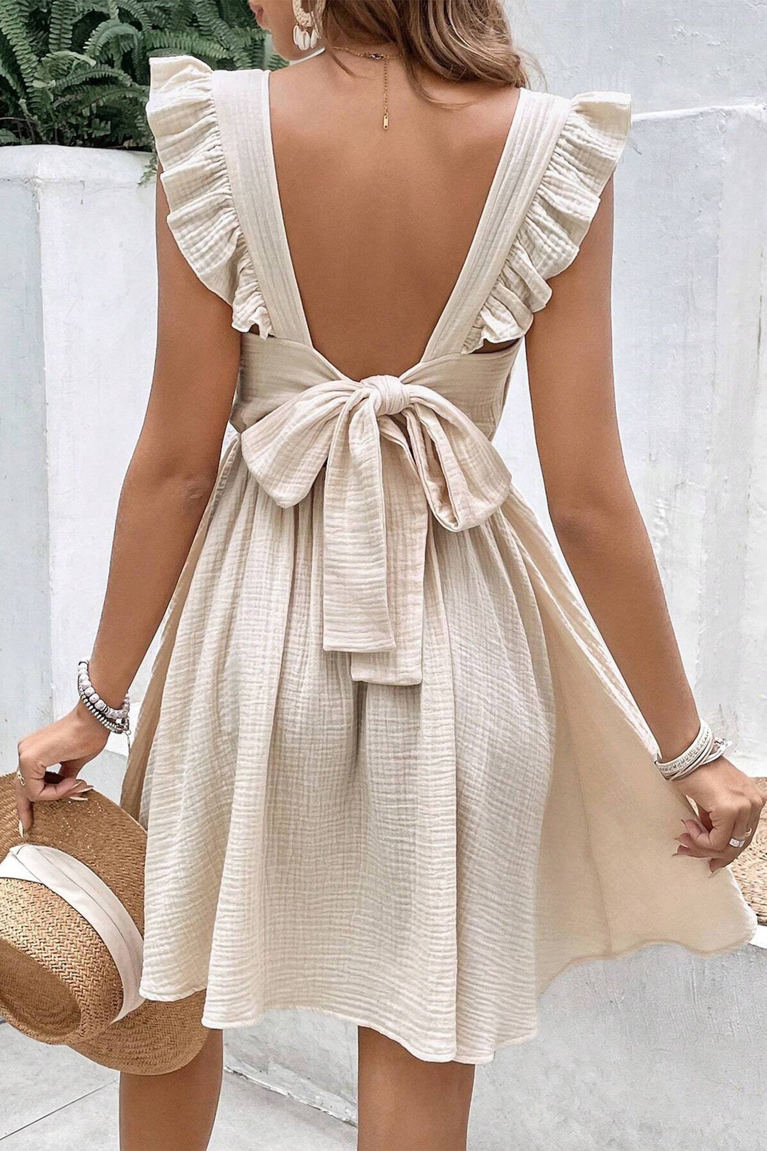 Robe mini en pur coton avec manches à volants abricot