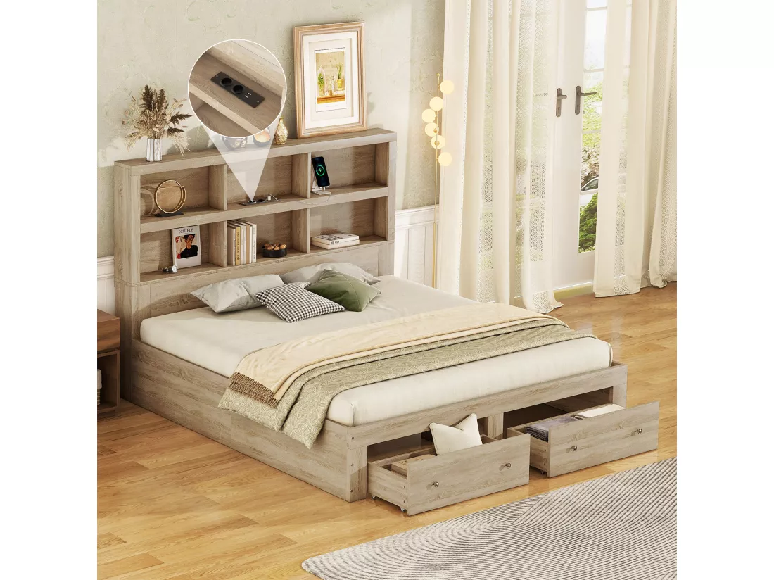 Lit double en bois massif avec tiroirs de rangement et tête de lit, naturel