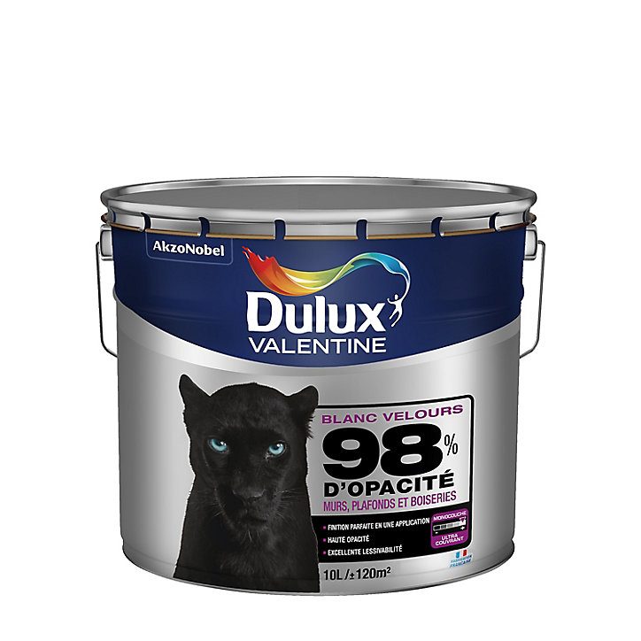 Peinture murs plafonds et boiseries Dulux Valentine 98% monocouche velours blanc 10L
