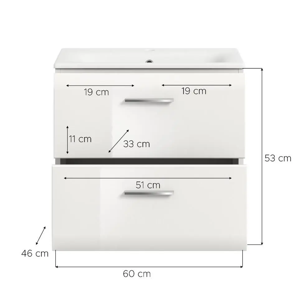 Hioshop Ice wastafel inclusief was 2 lades wit hoogglans- wit