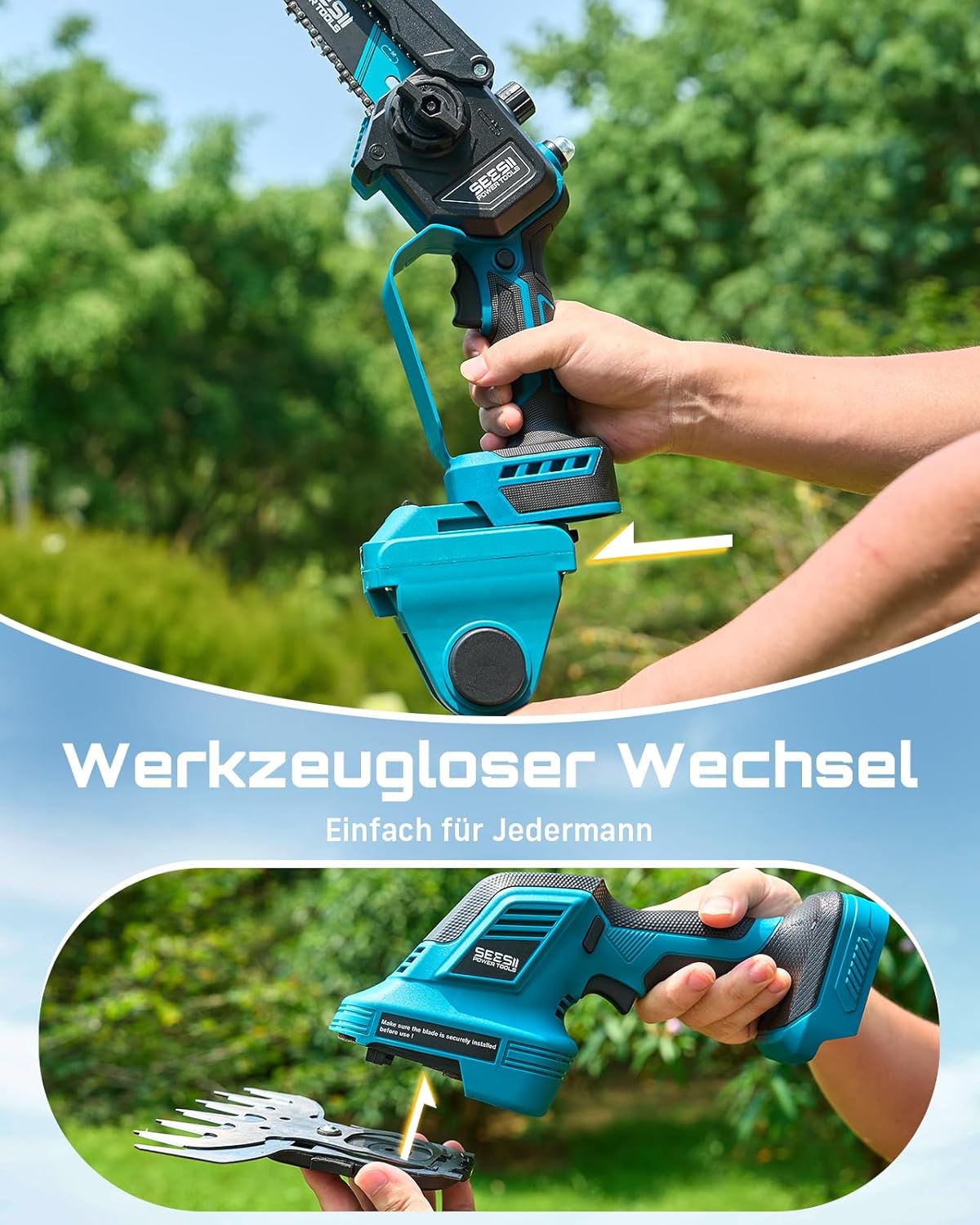 SEESII 6-in-1 Mini Kettensäge & Akku Heckenschere Set, Hochentaster mit 2 * 4000mAh Akkus, Maximale Reichweite bis zu 4,57m, Geeignet für Gartenpflege und zum Holzfällen
