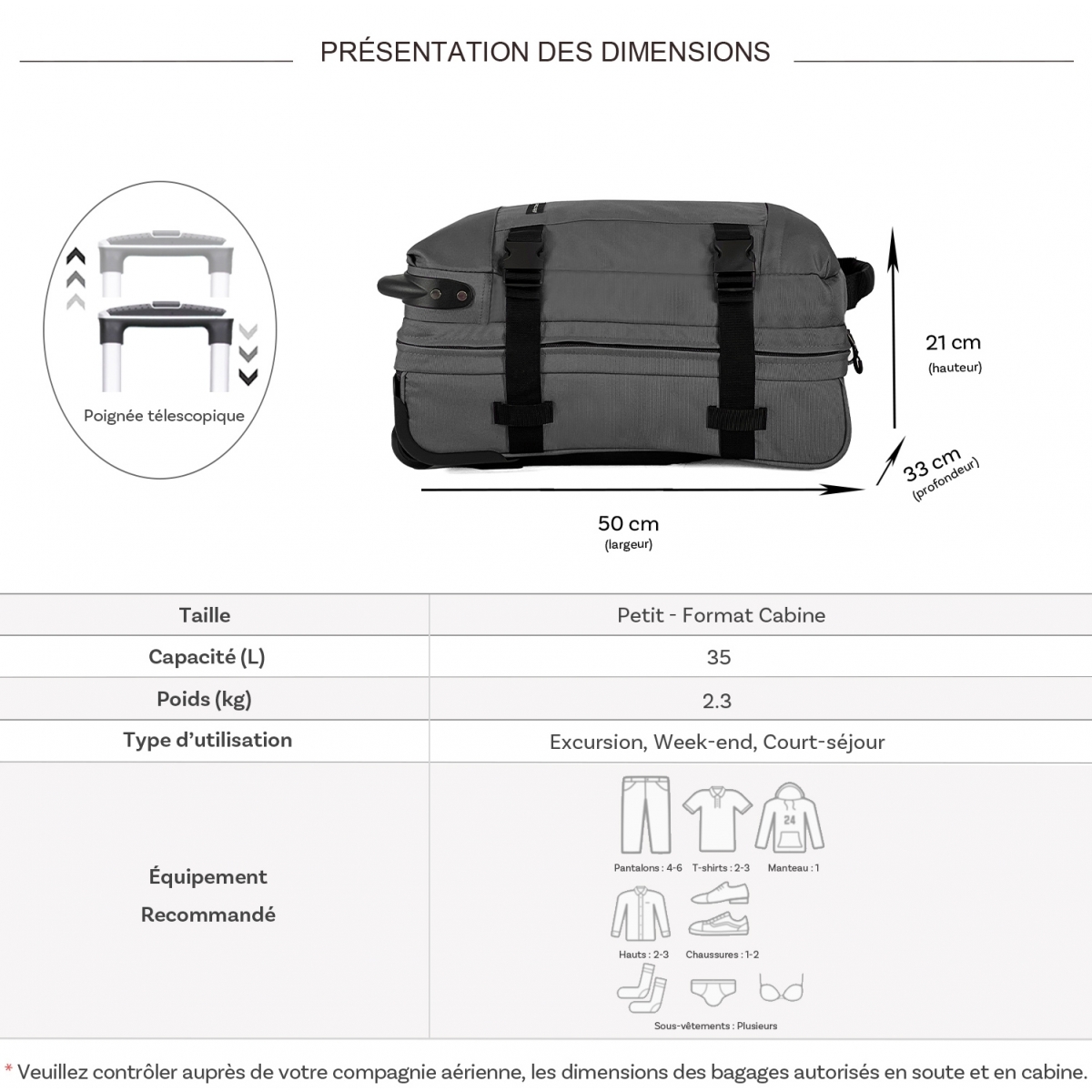 David Jones Sac de voyage cabine à roulettes 35L double compartiment David Jones taille S 50cm
