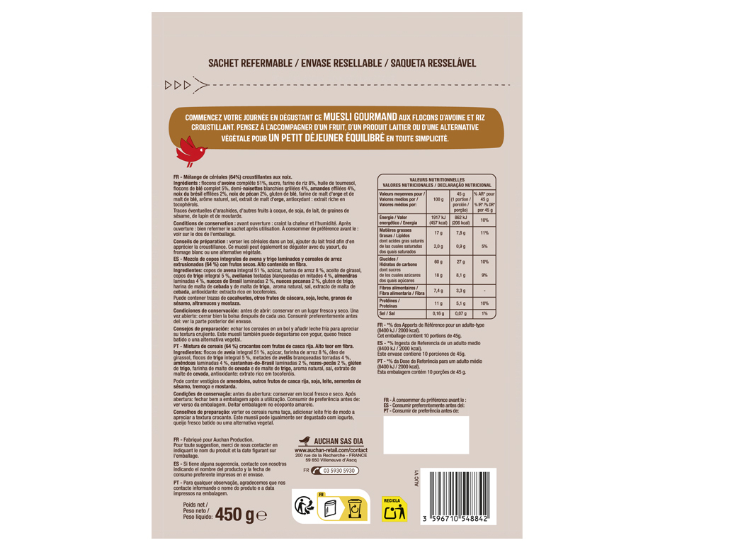 CEREAIS AUCHAN MUESLI FRUTOS SECOS 450G