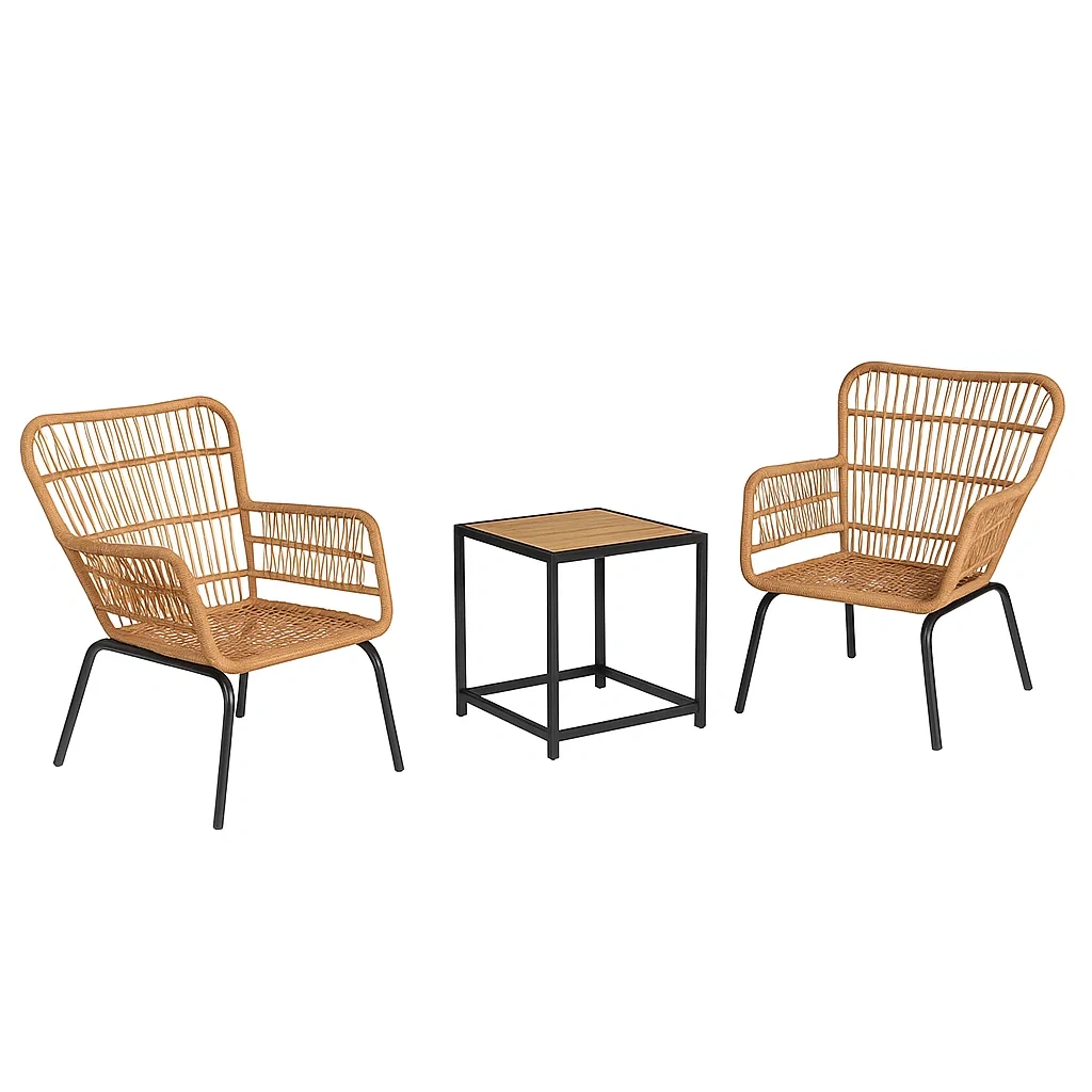 Ensemble de mobilier de jardin avec fauteuils en rotin et table en métal marron et noir