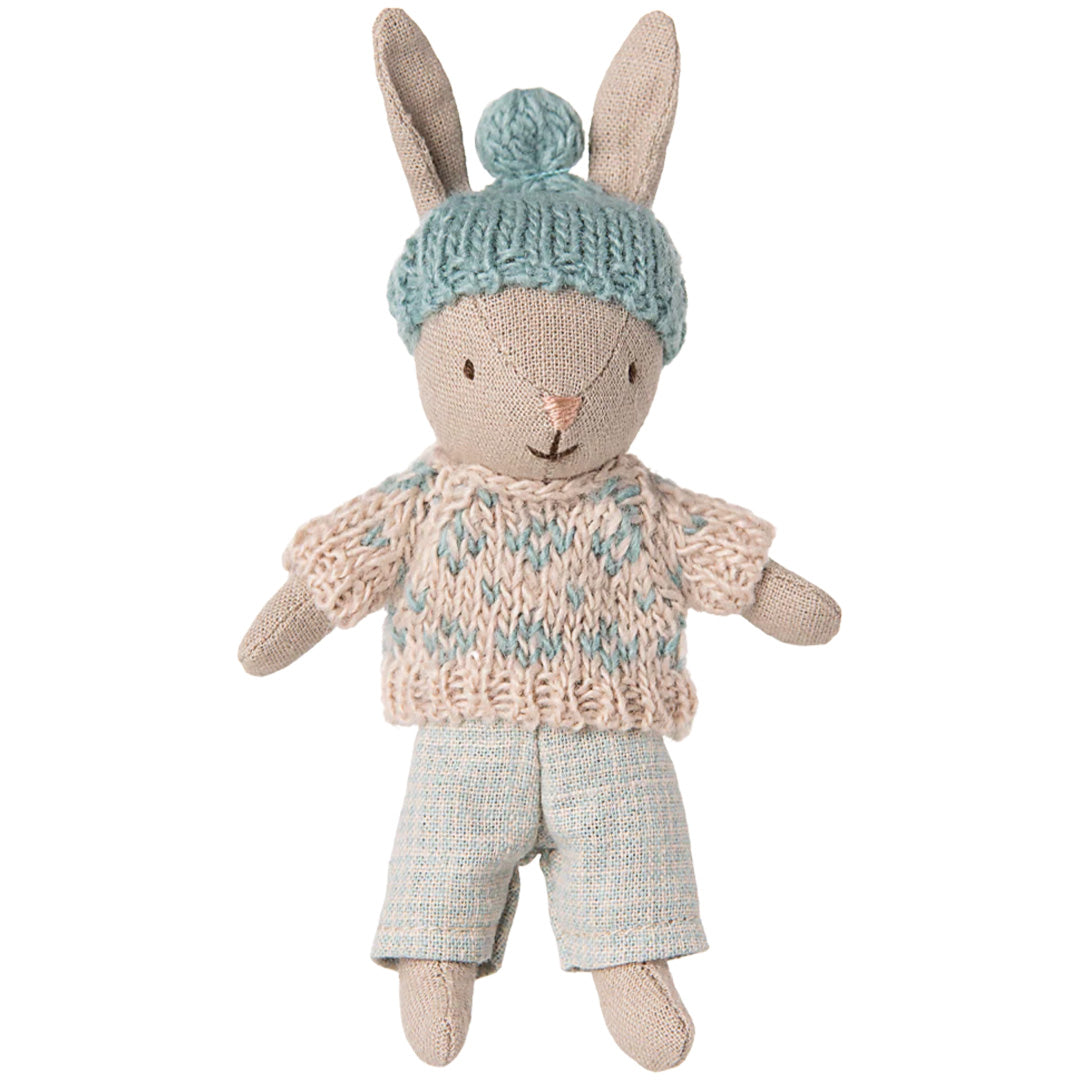 maileg knuffelkonijn micro winter - sand - mint - 13,5 cm