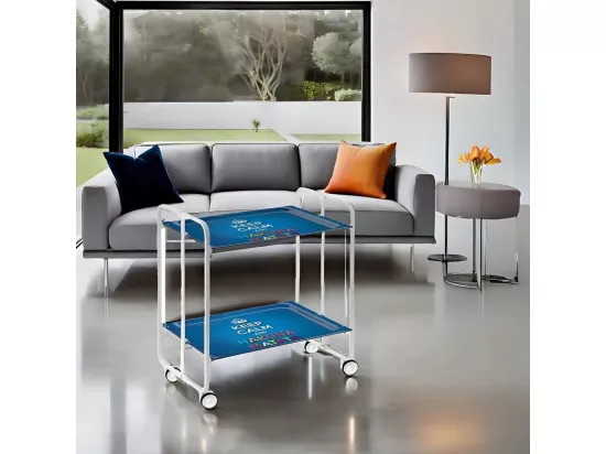 Chariot pliant à roulettes, table pliante roulante, desserte - Structure métallique blanche, 2 niveaux en stratifié motif Keep Calm - 72*66*43 cm - BAUHAUS