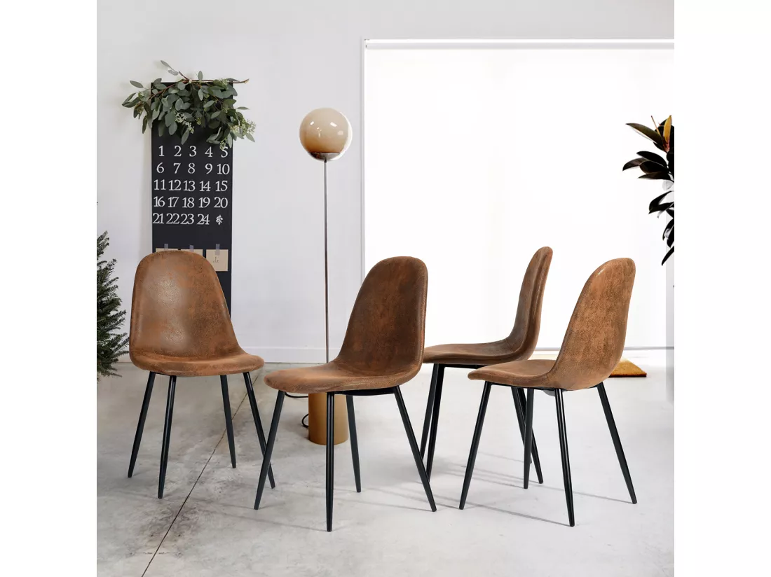 Lot de 4 chaises - Style vintage et design scandinave - En faux daim - Idéales pour cuisine - Marron