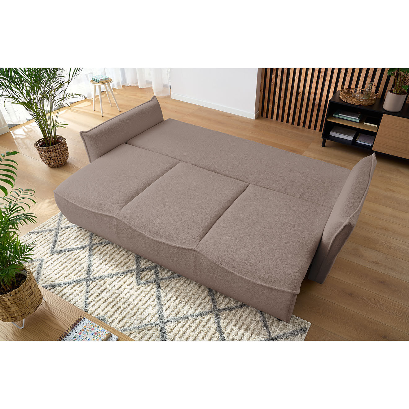 Bobochic Canapé 3 places convertible coffre Bouclette Leon marron - 226x97x90 cm