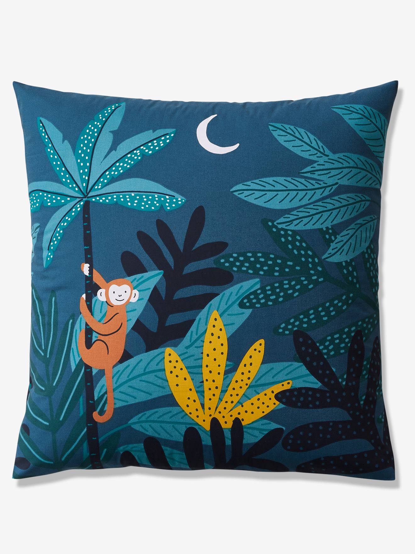 Conjunto infantil Jungle Night com capa de edredom e fronha, azul escuro liso com estampas.