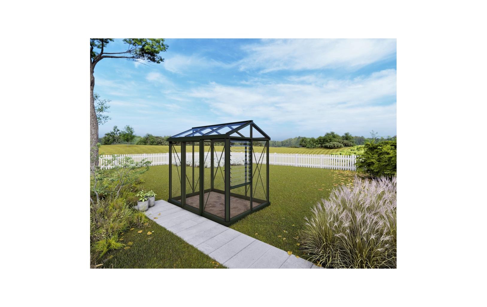 Gewächshaus Helios Urban, grün 162 x 236 x 217 cm, Glas 4 mm<br>Stilvolles Gewächshaus für den urbanen Garten