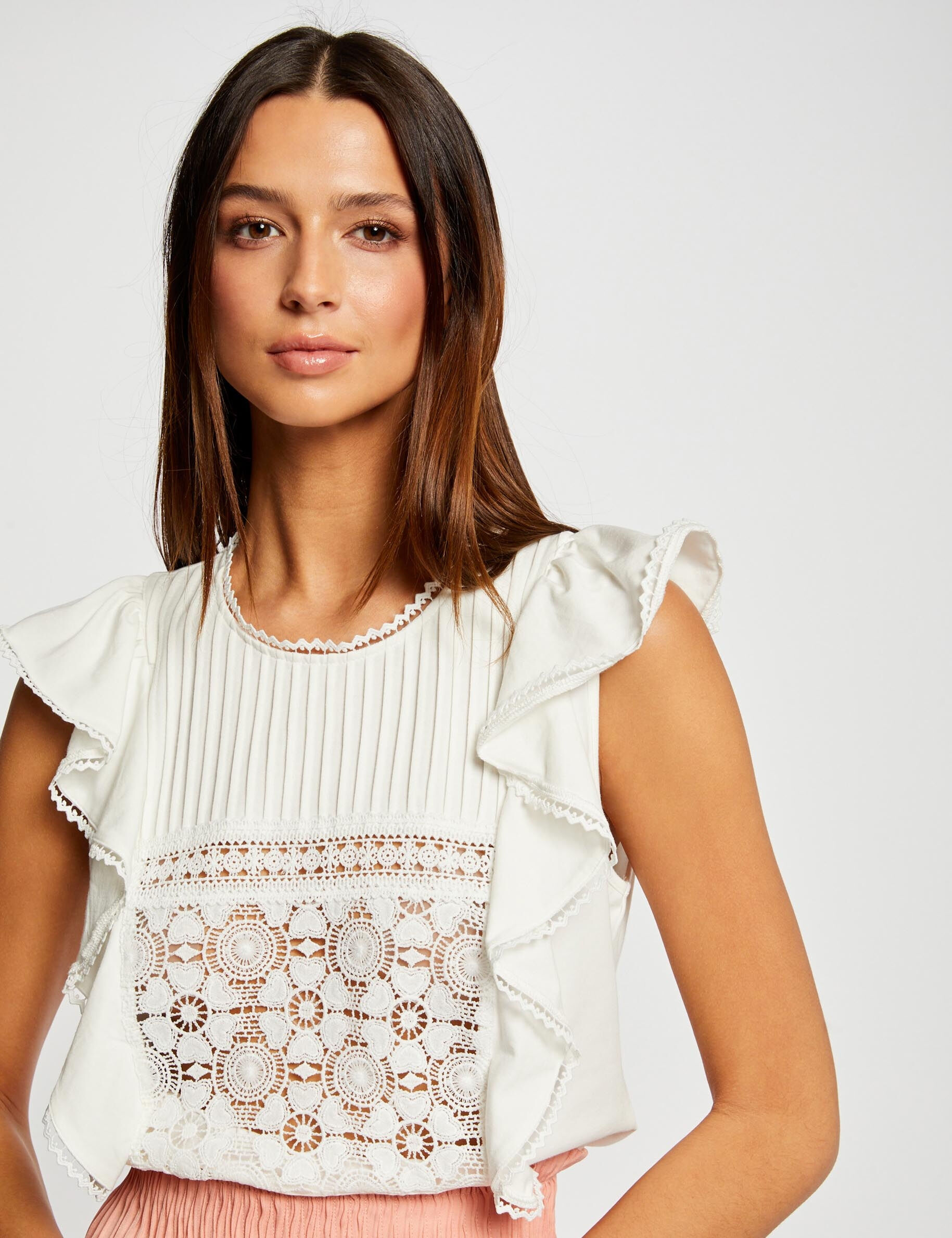 T-shirt manches courtes à volants ecru femme - ecru