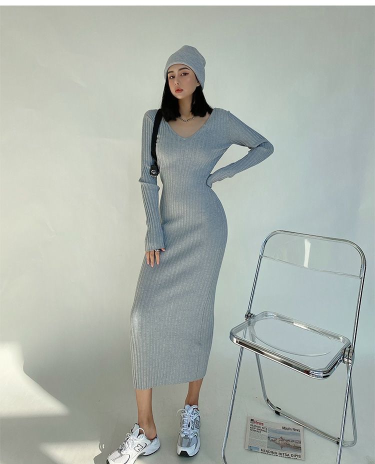 LIVIE - Gebreide midi-jurk met lange mouwen