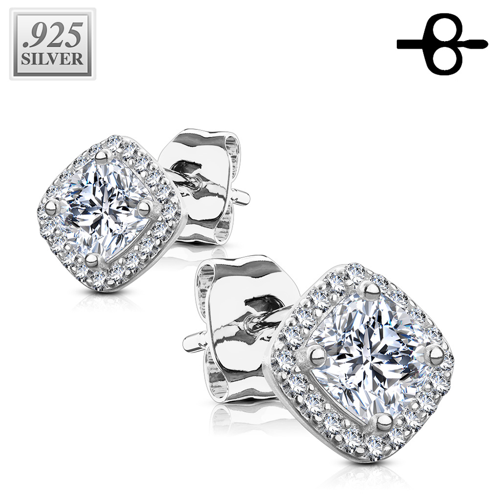 (1 Paar) 925er Echtsilber Ohrringe Ohrstecker Quadrate mit Strass - Silber