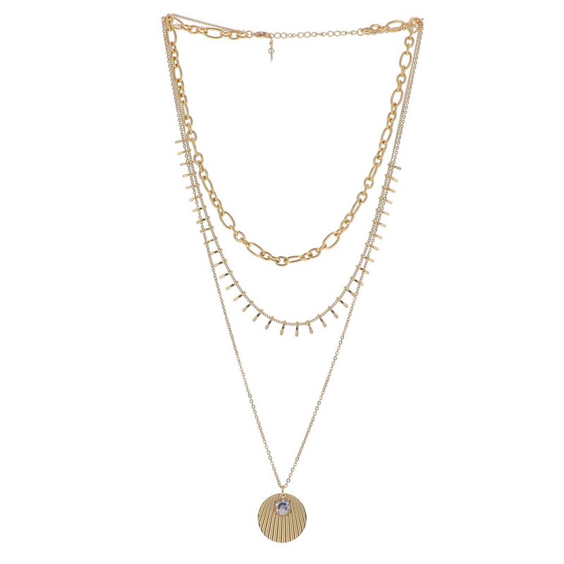 Collier 3 rangs en acier doré pendentif rainure orné d'une pierre Crystal Swarovski avec chaînette réglable