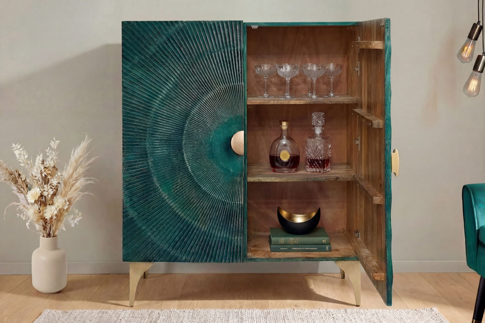 Massives Highboard GOLDEN SUNSET 120cm türkis gold Mangoholz mit 3D Schnitzereien