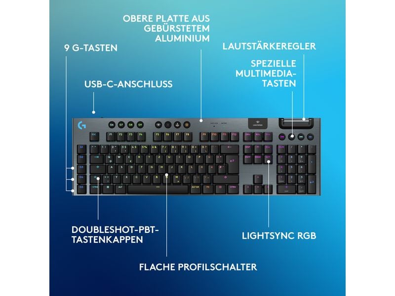 Logitech Gaming-Tastatur G915 X Lightspeed GL Tactile Kabelloses Gaming Keyboard mit flachem Profil