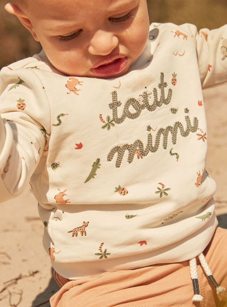 Sweat beige en molleton à imprimé animaux