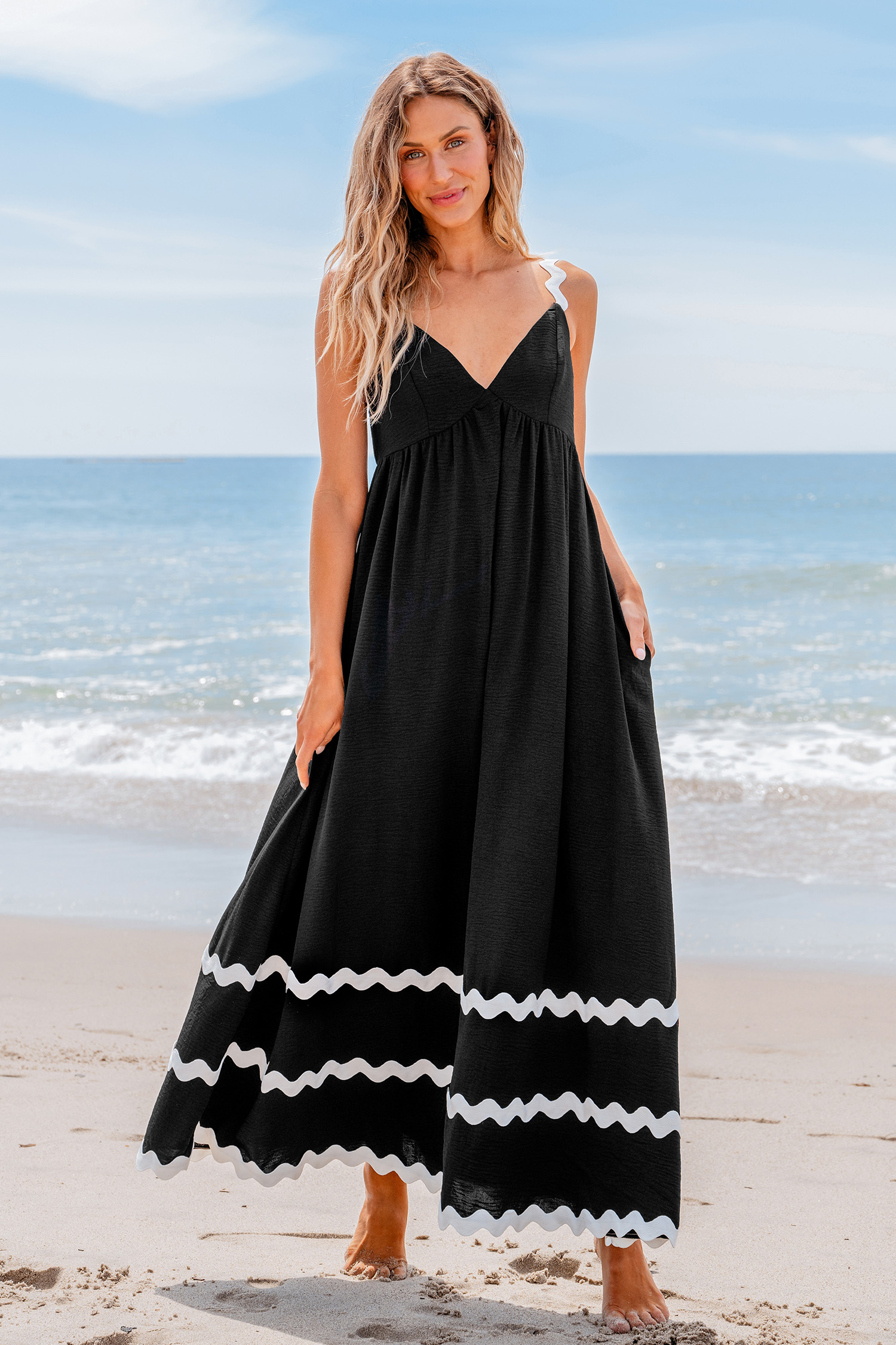 Robe avec col en V et volants à blocs de couleurs