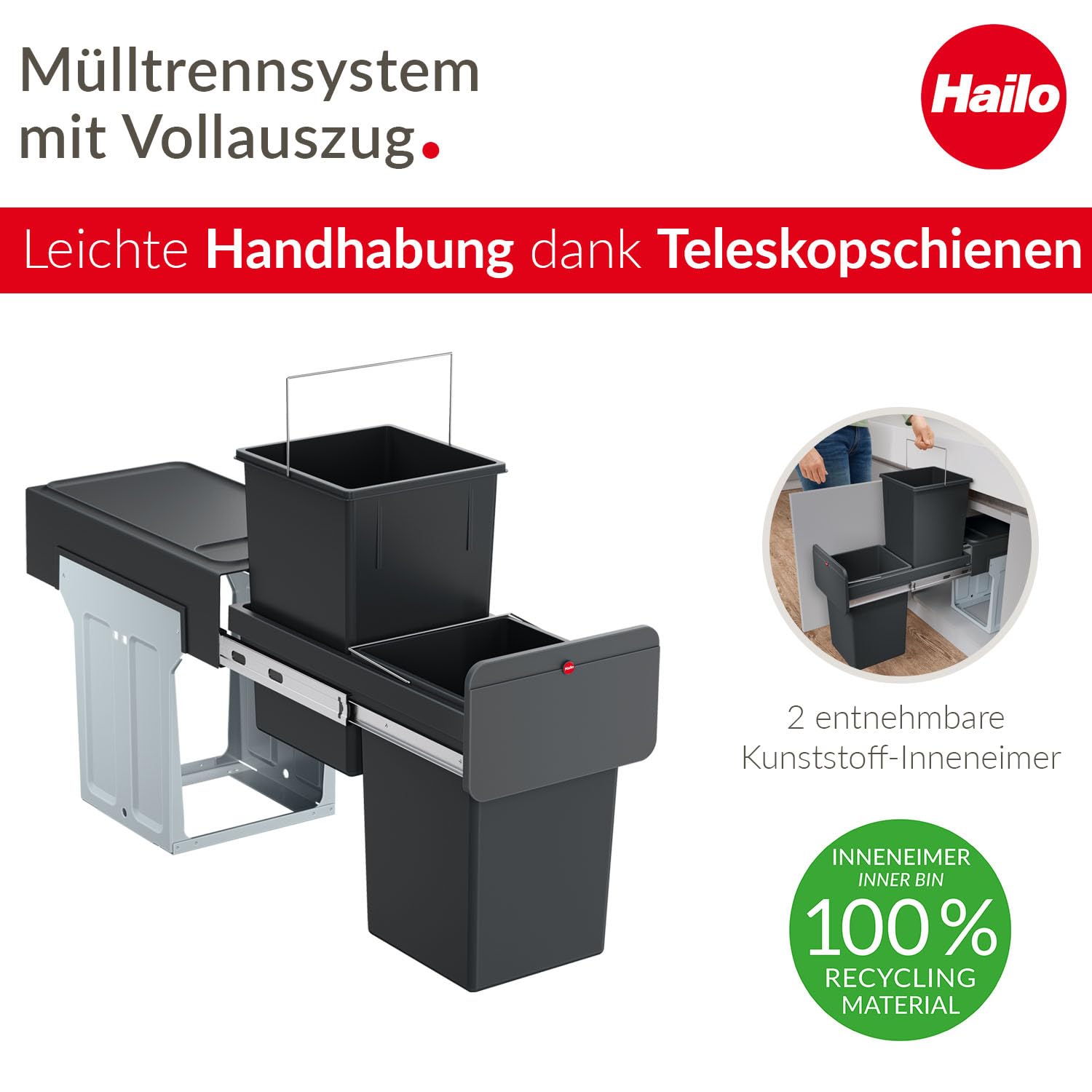Poubelle de tri sélectif encastrable 28 litres (14+14) Hailo EcoLine Design L Duo : Cuisine et Maison