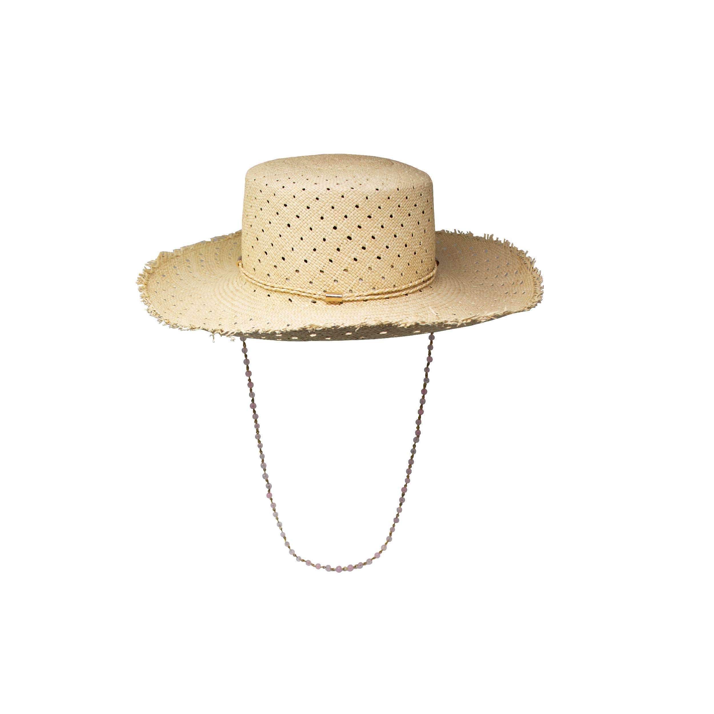 Chapeau à long bord en cuir cordovan à tissage ouvert et chaînettes