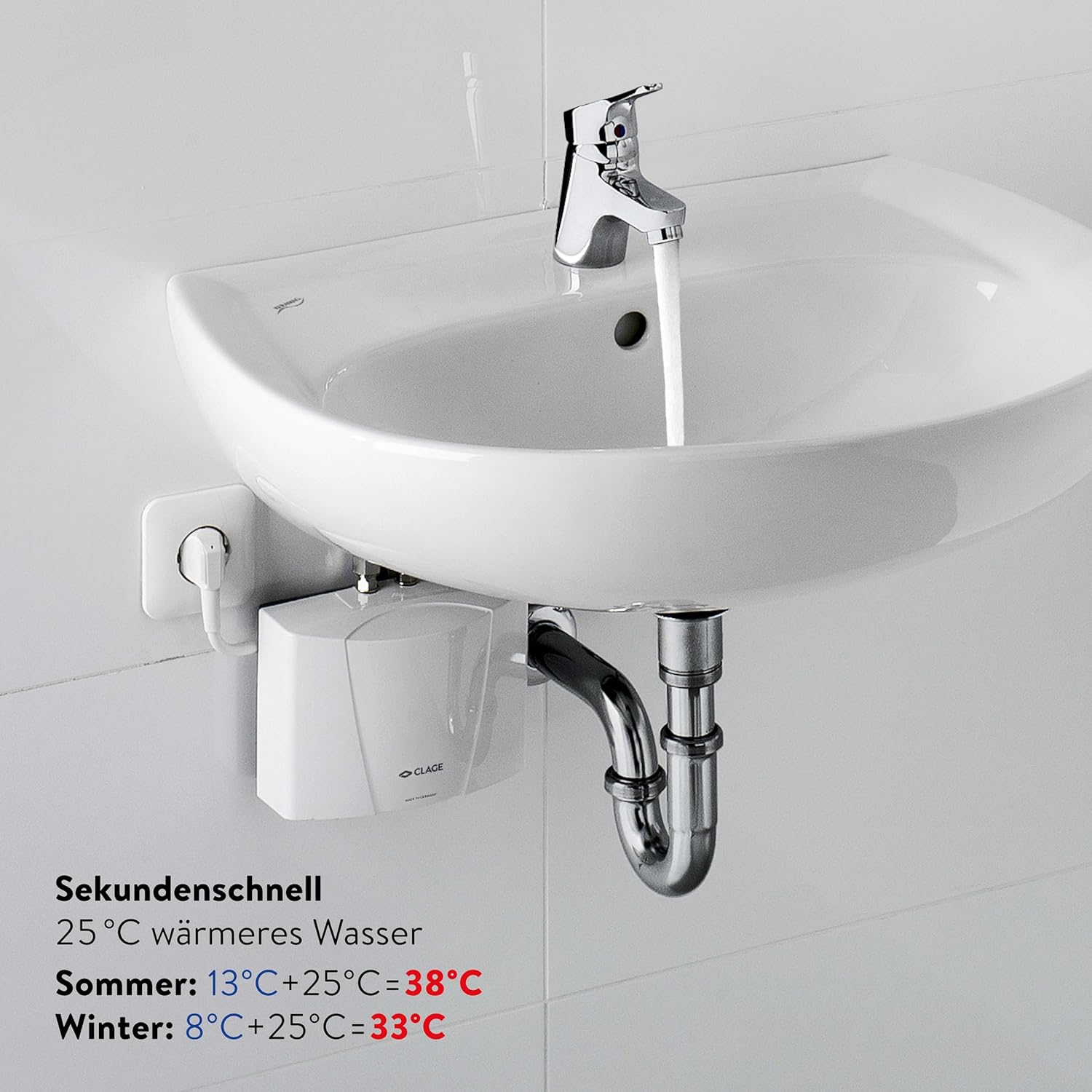 CLAGE M3 hydraulischer Klein-Durchlauferhitzer nur fürs Handwaschbecken, 3,5 kW, mit Stecker, nur für drucklose Armaturen, VDE-GS geprüft, 1500-17003