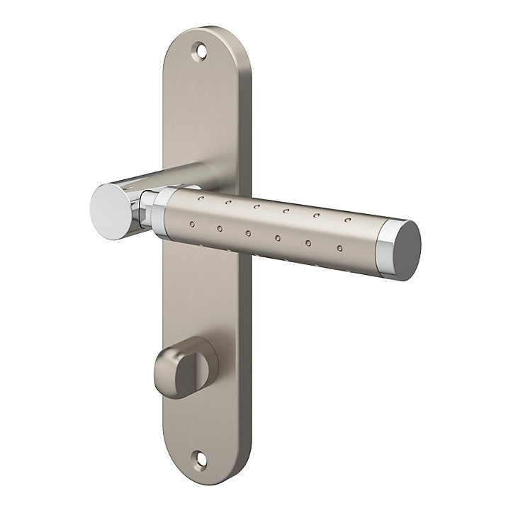 Ensemble poignée sur plaque rond à condamnation GoodHome Brigg effet chrome et nickel satin gris L.132mm x l.40mm entraxe 165mm