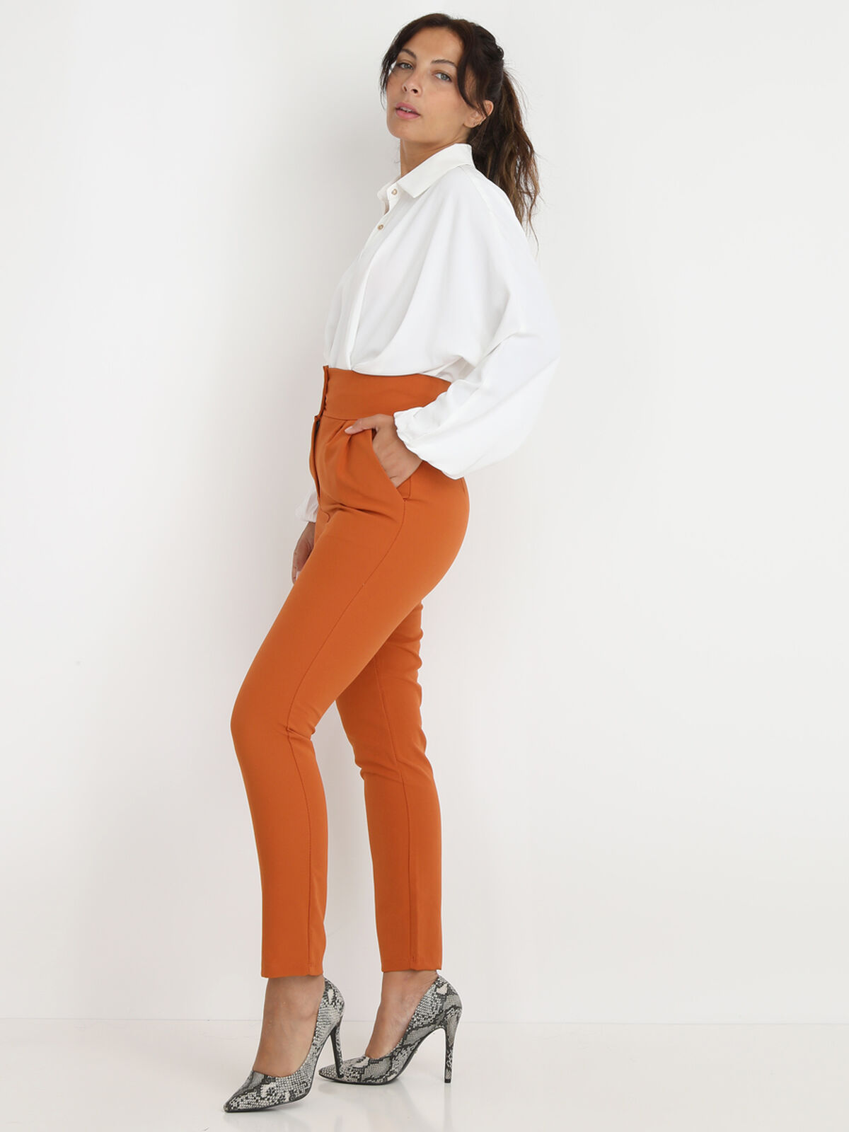 Pantalon à pinces plissé et boutonné- Orange foncé