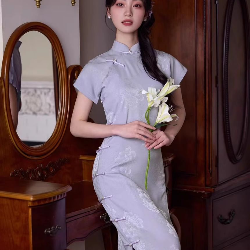 Vensazco - Traditionele Chinese korte mouwen, staande kraag, bloemenprint, kikker, knoopsluiting, maxi-kokerjurk, qipao