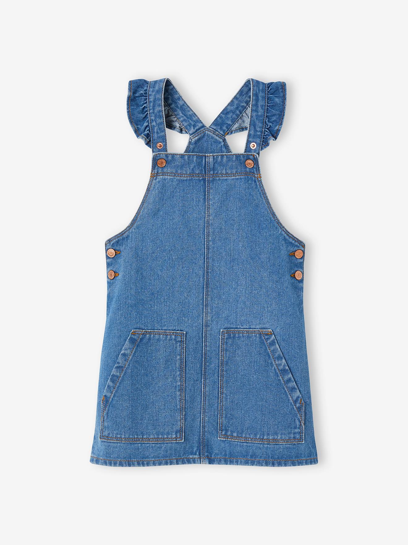 Vestido jardineira jeans com alças e babados para meninas (cor pedra)