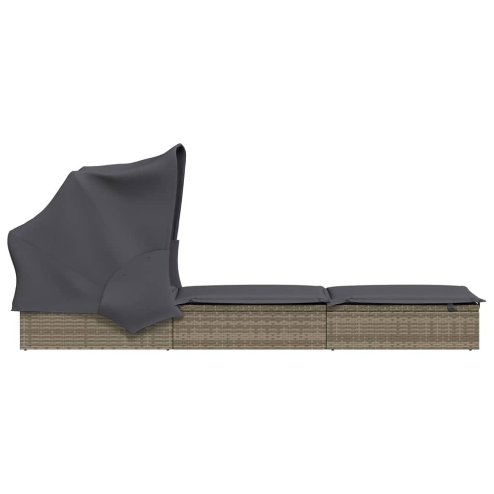 Transat chaise longue bain de soleil avec toit pliable 213 x 63 x 97 cm résine tressée gris