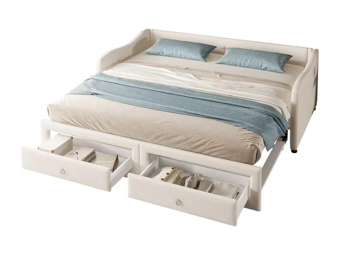 Lit gigogne 90/180 x 200 cm avec 2 tiroirs - tissu en lin - beige (sans matelas)