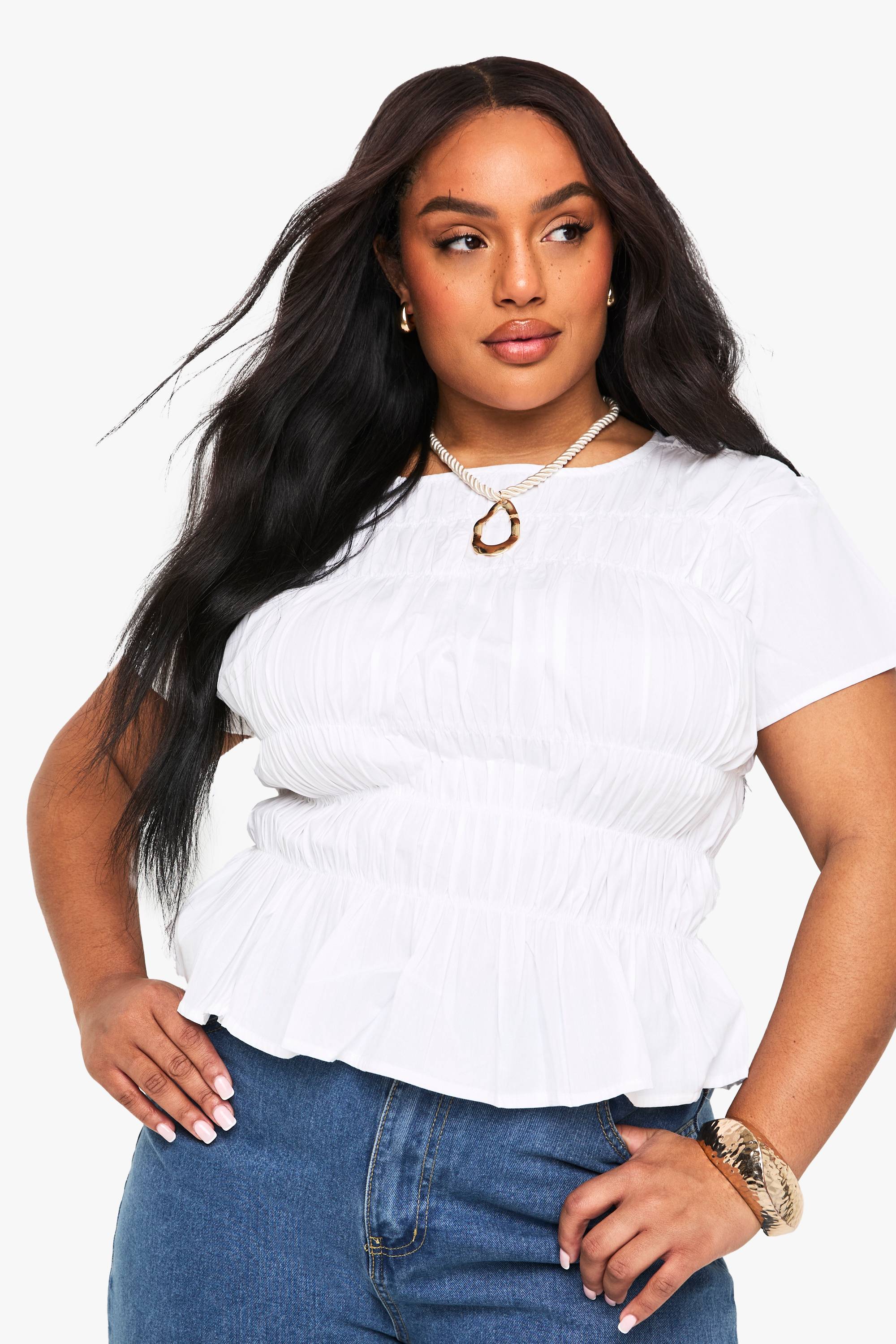 boohoo PLUS CHEMISIER EN COTON À EFFET FRONCÉ ET MANCHES BOUFFANTES