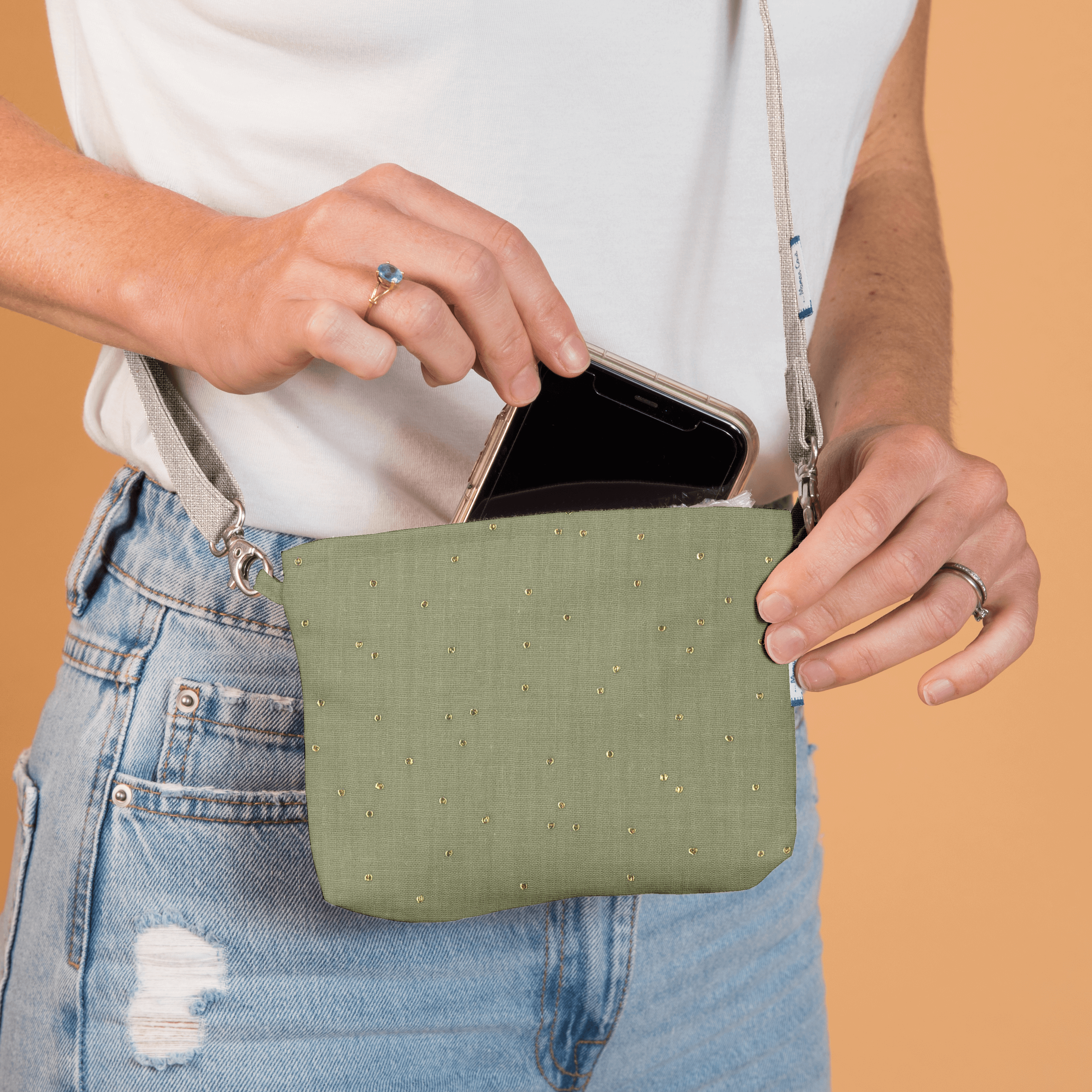 Mini Pochette Tissu Gaze Pois Or Vert Amande
