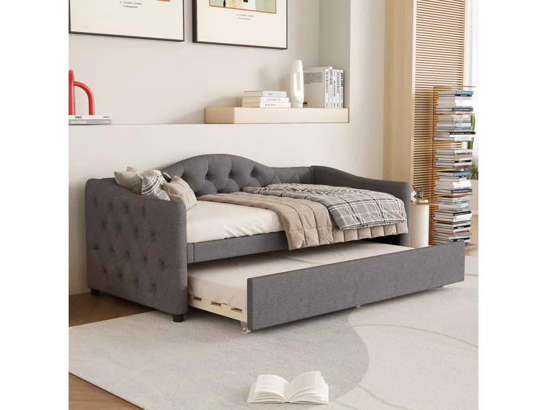 Lit gigogne 90 x 200 cm + lit 90 x 190 cm, canapé-lit - tissu en lin - coloris gris (sans matelas)